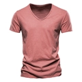 Detail showing high-quality slub cotton fabric texture and V-neck of a red men's T-shirt - S / V-Neck / Red