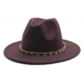 Classic burgundy wool fedora hat with a golden metal chain band for autumn and winter wear - M (56-58cm) / Dark Purple