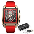 LIGE sport watch with red silicone strap and gold square case featuring black hollow dial - Red