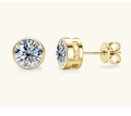 Classic gold S925 silver stud earrings with round brilliant cut moissanite stones - Gold-Bezel