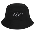 Unisex black cotton bucket hat with white PAPI embroidery for outdoor sun protection - Black