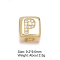 Macro detail of gold 8mm letter P charm bead with zircon inlay and product dimensions - Letter P