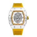 Reloj tonneau de esqueleto moderno con correa de goma amarilla y brillantes diamantes - Caja de regalo / Caja Transparente Correa Amarilla