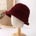 Detail shot of fluffy wine red plush bucket hat for women showing fuzzy warm winter texture - 56-58cm / Burgundy