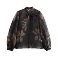 Blouse élégante en mousseline noire avec col lavallière et imprimé floral marron - XS / Noir