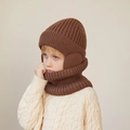 Brown knit winter set for kids featuring a warm earflap beanie and matching snood scarf - Coffee