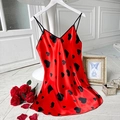 Elegant red satin slip nightdress with black heart print and thin shoulder straps - S / Red with Black Heart