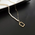 Elegant gold chain and white Baroque pearl necklace with irregular rectangular pendant - 140XK# Titanium Steel Natural Pearl Splicing Necklace