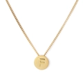 Golden round disk pendant necklace with embossed letter F on a fine metal chain - Letter F (KN118644-K)
