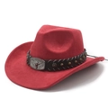 Detail of red suede cowboy hat featuring silver bull head buckle and star studs on band - M(56-58cm) / Wine Red Suede