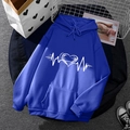 Navy blue fleece hoodie featuring a white heart electrocardiogram print and drawstring hood - S / Tops / Dark Blue