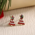 Golden Christmas tree stud earrings with sparkling red and white rhinestones decoration - Red White Stone Tree (EAR0040)