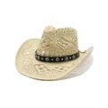 Ethnic style straw cowboy sun hat with turquoise beads and hollowed-out texture - M (56-58cm) / Beige