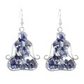 Detail of handmade wire-wrapped crystal earrings featuring natural blue stone chips - Blue Sodalite