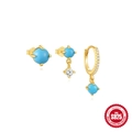 Three-piece S925 sterling silver earring set with turquoise blue stones and gold finish - 3Pcs Per Set / Gold #3 (Turquoise)