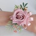 Dusty pink artificial rose wrist corsage with silk ribbons for wedding bridesmaids - Bean Paste Pink - Wrist Corsage