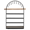 5-tier arched black metal earring stand with wooden bars and storage base tray - Black