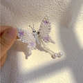 Silver butterfly hair clip with white pearls, purple flowers and tassel drop detail - Small Purple Flower White Pearl (Tassel Style) (F0003) / Purple and White