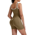 Detail of olive brown ribbed bodysuit with white contrast piping and back U-cut design - Light Brown