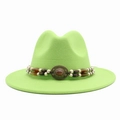 Close-up of neon green fedora hat featuring a white beaded band and vintage bronze buckle - Fruit Green