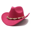 Detalle de sombrero cowboy de fieltro rosa con cinta de conchas y cuentas de madera - M (56-58cm) / Rosa Rojo