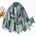 Bohemian floral scarf with vibrant tassels and lightweight fabric for sun protection - Lake Blue Tassel Floral (XS008-1#)