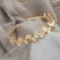 Elegant gold metal leaf headband with detailed leaf textures on a soft mesh background - 5# Leaf