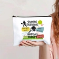 Detail view of a white pickleball print canvas pouch with zipper held by a model - Pickleball Sports Theme Illustration (124-3)