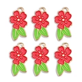 Detail of red rose alloy pendants with green leaves and gold trim for jewelry making - Red Flowers Green Leaves
