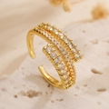 Macro view of gold plated geometric ring with double row zircon stones and open design - Gold Double Row Claw Setting (14235)