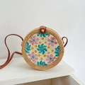 Handmade round rattan crossbody bag with colorful floral pattern and leather strap - Yellow Dots Pink Blue Flower