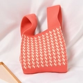 Knitted tote bag with coral orange and white geometric pattern on soft white fabric - Paper Cranes Windmills And Rice Flour