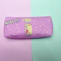 Pink pencil case with cute yellow cartoon character and textured PU leather finish - Dinosaur-Rose Red