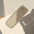 Elegante pasador rectangular con perlas blancas y cristales de color champán dorado - Estilo 9 - Perla Bicolor Gris