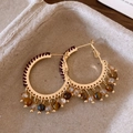 Bohemian gold hoop earrings with dark red woven rope and amber crystal bead charms - 49# Silver Pin - Gold - Brown - Wrapped