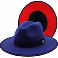 Classic blue and red two-tone wool felt fedora hat with wide brim and gold emblem - M (56-58cm) / Navy Blue Outer Red Inner (01)