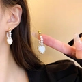 Elegant gold heart earrings with white pearls and micro-pave crystals for women - Gold Full Diamond Heart Pearl Linked Earrings
