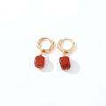 Minimalist gold hoop earrings with hanging rectangular dark red natural stone pendants - Gold + Red