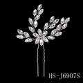Silver bridal hair comb with crystal leaves and rhinestone clusters on black background - HS-J6907S Single Silver Rhinestone Flower Branch Hair Pin