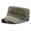 Vintage army green cotton flat top cadet cap with metal SRORT tag in side view - Army Green