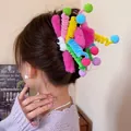 Colorful plush spring hair claw clip with big cartoon eyes and multi-color pom-poms - Rose Red