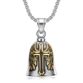 Polished stainless steel motorcycle angel wing bell pendant with a cross relief pattern - Two-tone Gold with Melon Seed Buckle