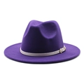 Detail of dark purple wool fedora hat featuring a beige leather band and gold metal buckle - M (56-58cm) / Purple