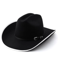 Classic black felt cowboy hat with white piping and silver engraved buckle band - M(56-58CM) Adjustable / Black with White Binding