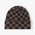 Braun-schwarz karierte Strickmütze mit Umschlag für Damen im Winter-Design - Braun