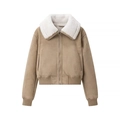 Women's vintage khaki faux shearling jacket with white fur collar and zipper - S / Khaki