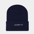 Detail view of navy knit beanie featuring white 'absolutely not.' letter embroidery - M(56-58cm) / Navy Blue