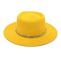 Close-up of bright yellow straw boater hat featuring a stylish silver metal chain detail - M(56-58cm) / Yellow
