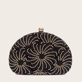 Elegant black shell clutch with gold beaded floral pattern and metal sphere clasp - Black