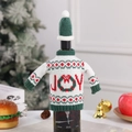 Christmas wine bottle cover with mini white knitted sweater and hat featuring green JOY design - JOY Letter Style / White & Green